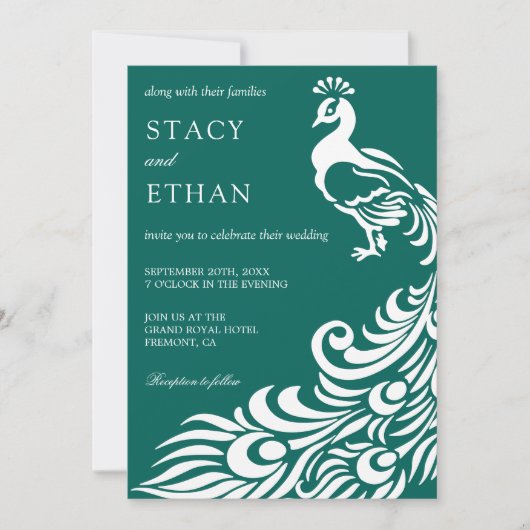 Invitation Elégant Sea Green et White Peacock Mariage (Devant)