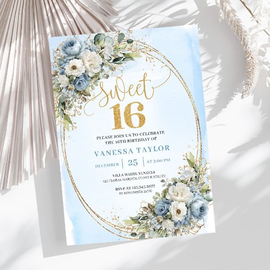 Invitation Élégant Seize Ans Fleurs Pâle Bleu Feuillage