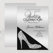 Invitation Elégant Sequin Stiletto, Argent et Noir Anniversai (Devant / Derrière)