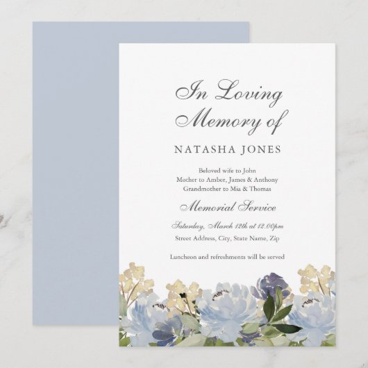 Invitation Elégant service Floral Blue Memorial (Devant / Derrière)