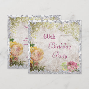 Invitation Elégant Shabby Chic Roses & Diamonds 60e anniversa