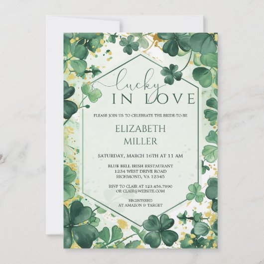 Invitation Élégant Shamrock Lucky en Fête des mariées d'amour (Devant)