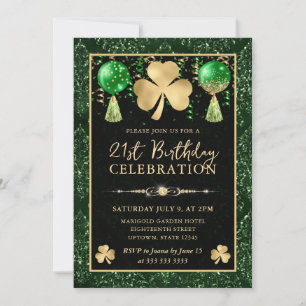 Invitation Élégant Shamrock Vert et Or 21e Anniversaire