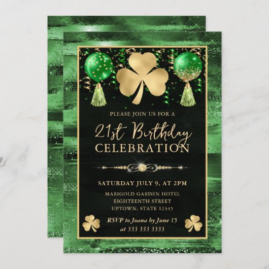 Invitation Elégant Shamrock Vert et Or 21e anniversaire (Devant / Derrière)
