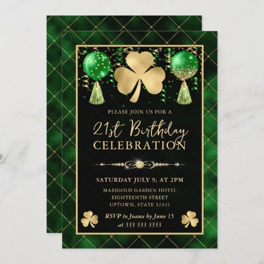 Invitation Elégant Shamrock Vert et Or 21e anniversaire (Devant / Derrière)