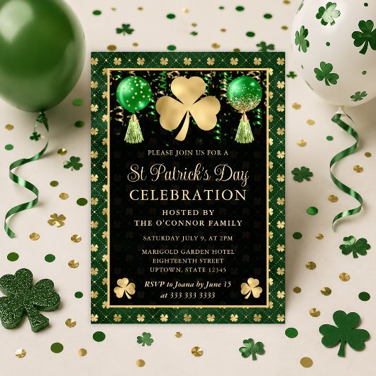 Invitation Élégant Shamrock Vert et Or Saint-Patrick