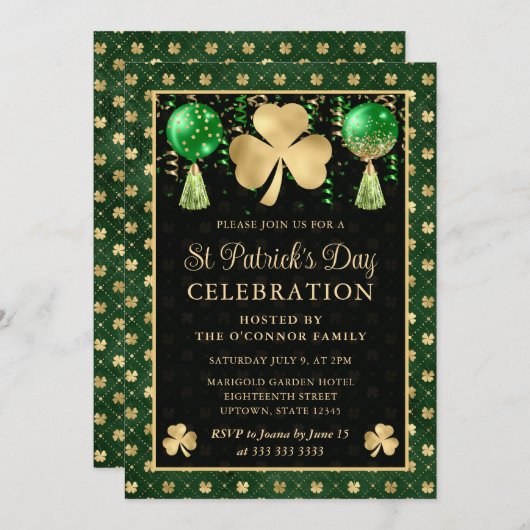 Invitation Elégant Shamrock vert et or St Patrick's Day (Devant / Derrière)