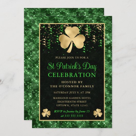 Invitation Elégant Shamrock vert et or St Patrick's Day (Devant / Derrière)