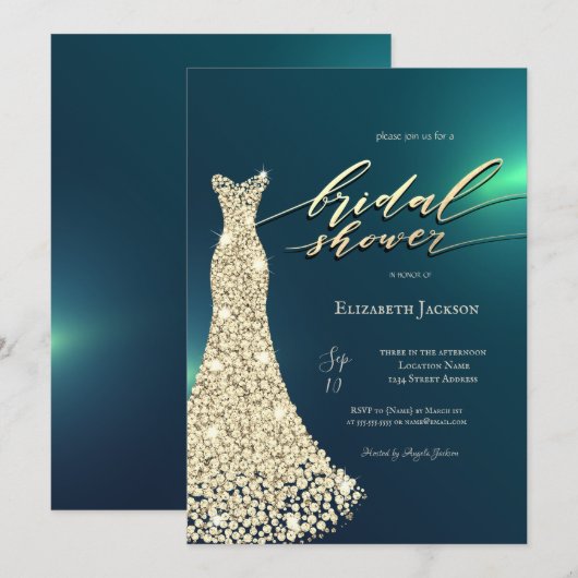 Invitation Elegant Shiny Dress Green Bridal Shower  (Devant / Derrière)