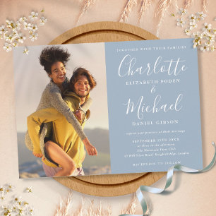 Invitation Élégant signature Script photo Dusty Blue Mariage