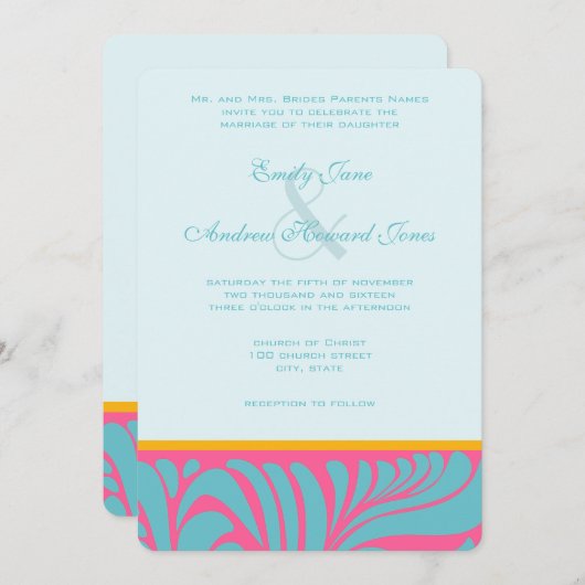 Invitation Elégant Silver Aqua Fuchsia Butterscotch Éperons (Devant / Derrière)