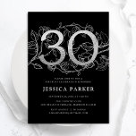 Invitation Elégant Silver Black 30e anniversaire<br><div class="desc">Elégante invitation de fête de 30e anniversaire en argent noir. Design féminin moderne et personnalisable avec des accents botaniques rose et de la fausse parties scintillant argent. Carte invitation florale simple parfaite pour une célébration anniversaire élégante. Personnalisez avec vos propres détails. Invitations Zazzle imprimées ou téléchargement instantané modèle imprimable numérique....</div>