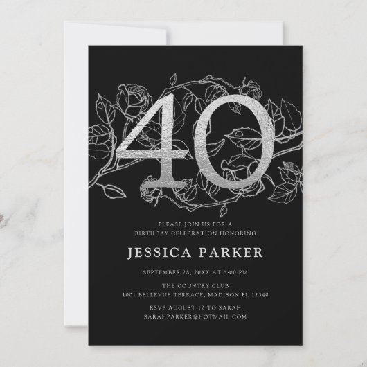 Invitation Elégant Silver Black 40e anniversaire (Devant)