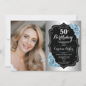 Invitation Elégant Silver Black Blue Photo 50e anniversaire (Devant)