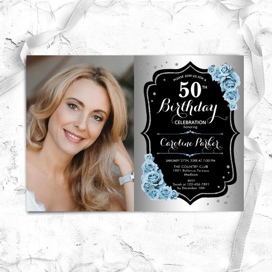 Invitation Elégant Silver Black Blue Photo 50e anniversaire