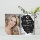 Invitation Elégant Silver Black Photo 50e anniversaire (Debout devant)