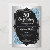 Invitation Elégant Silver Blue Black Photo 50e anniversaire (Devant)