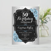 Invitation Elégant Silver Blue Black Photo 50e anniversaire (Debout devant)