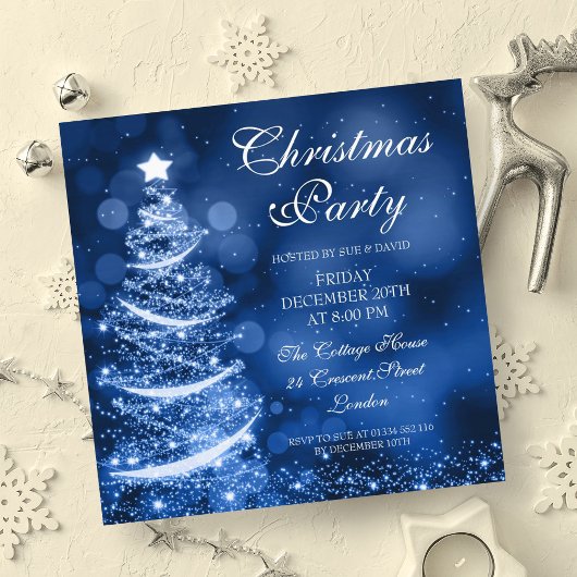 Invitation Élégant Silver & Blue Christmas Party Étincelante