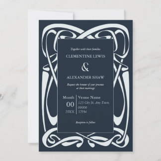 Invitation Elegant Silver Blue on Blue-Black Vintage Ribbon