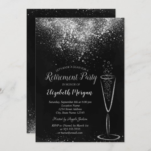Invitation Élégant Silver Confetti Glass Black Retraite (Devant / Derrière)