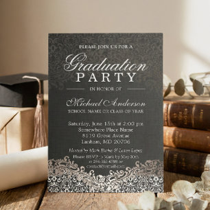 Invitation Élégant Silver Damask Grad Grad Grad Party