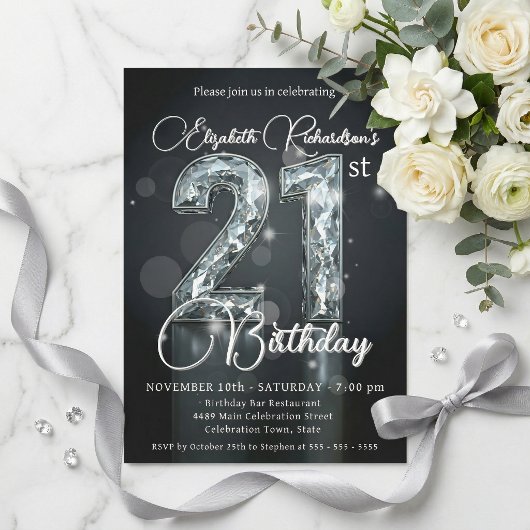 Invitation Elegant Silver Diamond Sparkle 21st Birthday