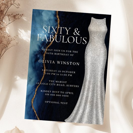 Invitation Elegant Silver Dress & Navy 60th Birthday Party