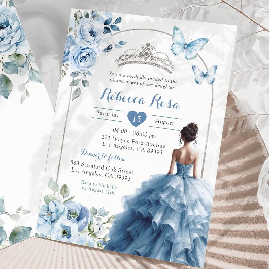 Invitation Elégant Silver Dusty Blue Butterfly Quinceañera