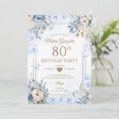 Invitation Elegant Silver & Dusty Blue Roses 80th Birthday (Debout devant)