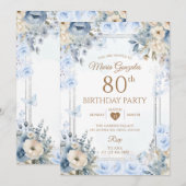Invitation Elegant Silver & Dusty Blue Roses 80th Birthday (Devant / Derrière)