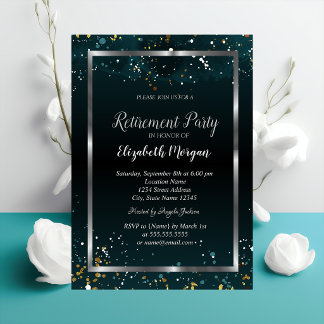 Invitation Elegant Silver Frame Dots Navy Confetti Retirement
