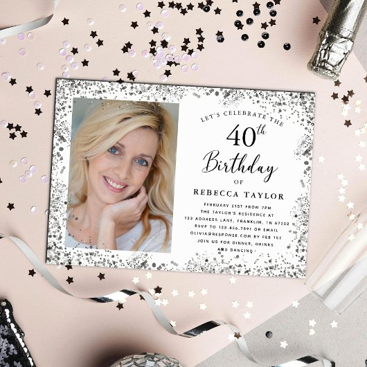 Invitation Elegant Silver Glitter 40th Birthday