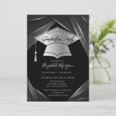 Invitation Élégant Silver Grad Casquette noir Grad Graduation (Debout devant)