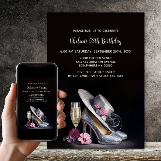 Invitation Elegant Silver High Heel Shoes Birthday Party