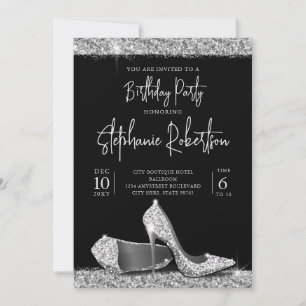Invitation Elégant Silver moderne Noir talons hauts Anniversa