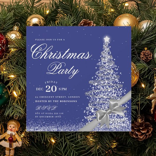 Invitation Elegant Silver Navy Winter Christmas Tree Bow