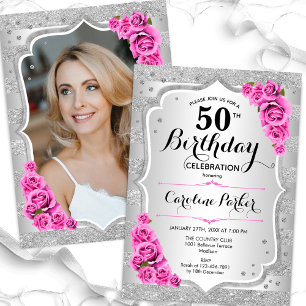 Invitation Elégant Silver Pink Photo 50e anniversaire