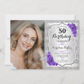 Invitation Elégant Silver Purple Photo 50e anniversaire (Devant)