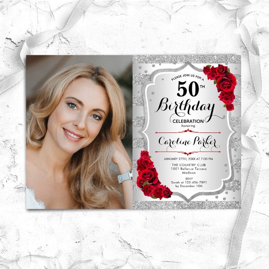 Invitation Elégant Silver Red Roses Photo 50e anniversaire