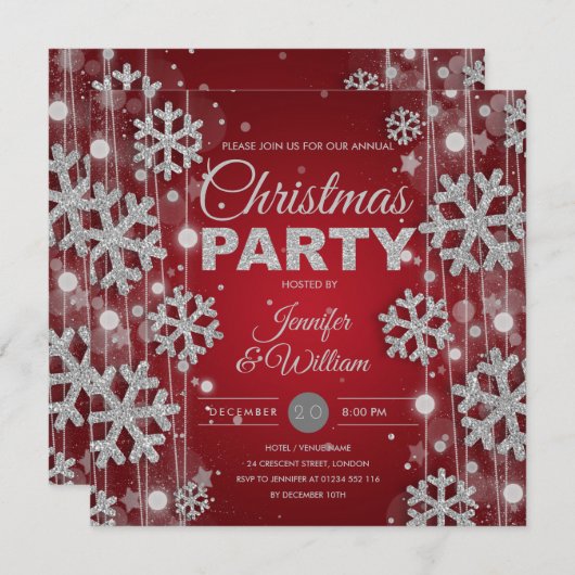 Invitation Élégant Silver Red Winter Glam Noël Party (Devant / Derrière)
