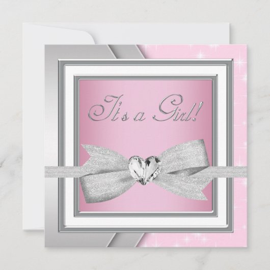 Invitation Elégant Silver rose Baby Girl Douche (Devant)