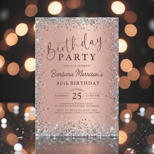 Invitation Elegant Silver Rose Gold Glitter 80th Birthday
