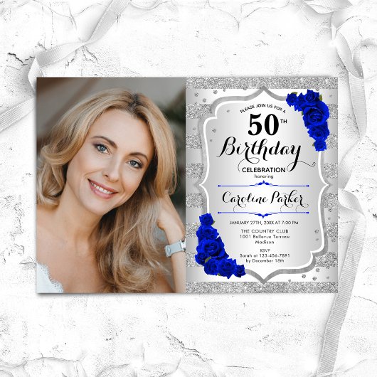 Invitation Elégant Silver Royal Blue Photo 50e anniversaire