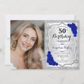 Invitation Elégant Silver Royal Blue Photo 50e anniversaire (Devant)