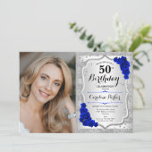 Invitation Elégant Silver Royal Blue Photo 50e anniversaire (Debout devant)