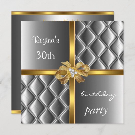 Invitation Elegant Silver Silk Gold Bow Diamond (Devant / Derrière)