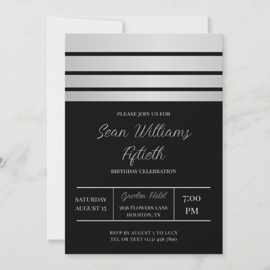 Invitation Elégant Silver Stripes Masculine Anniversaire (Devant)