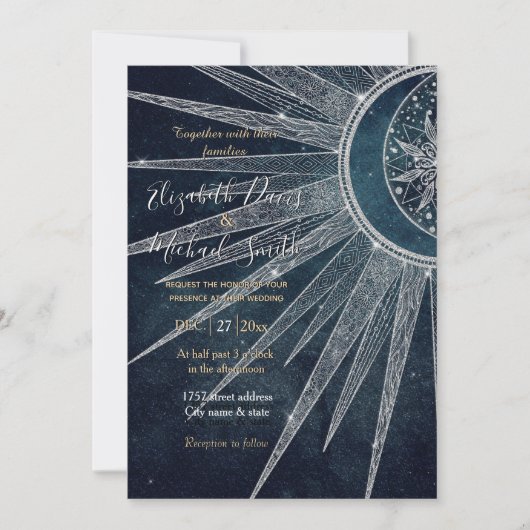 Invitation Elégant Silver Sun Moon Doodle Mandala Blue Design (Devant)