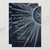 Invitation Elégant Silver Sun Moon Doodle Mandala Blue Design (Devant / Derrière)